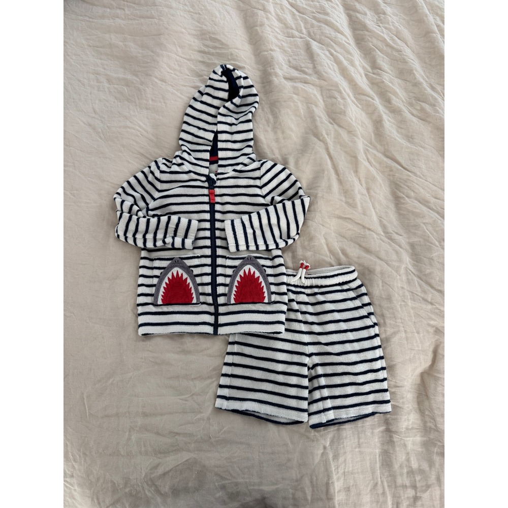 Mini Boden Kids Shark Terry Cloth Hoodie and Shorts Set Navy White Stripe 4-5Y